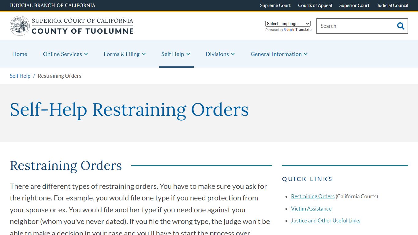 Restraining Orders | Superior Court of California | County of Tuolumne